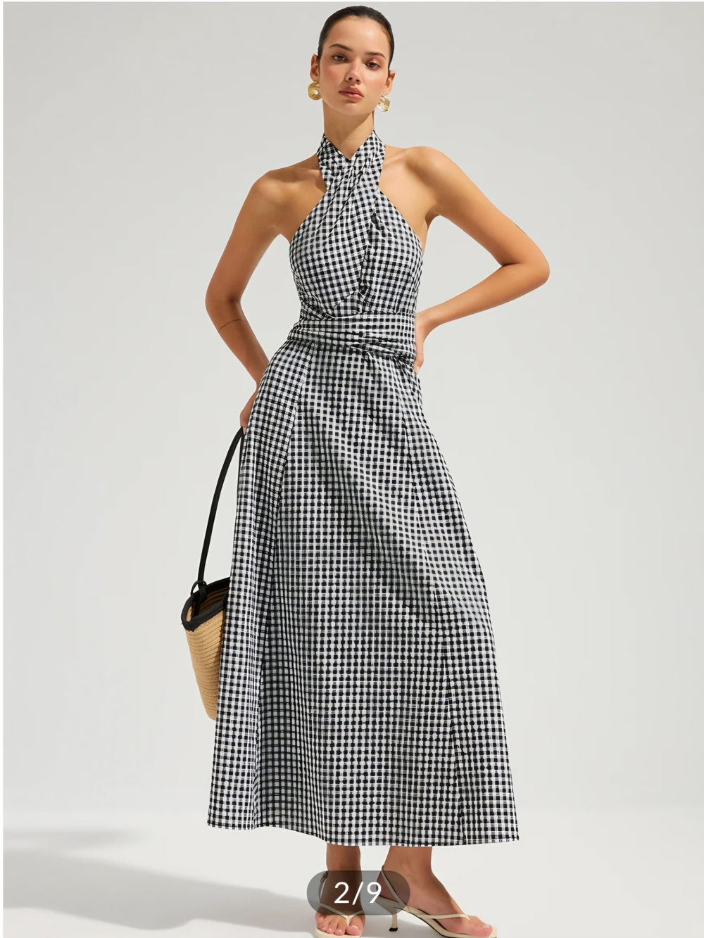 Gingham Halter Cotton Maxi Dress In White And Black - Picture 2 of 5